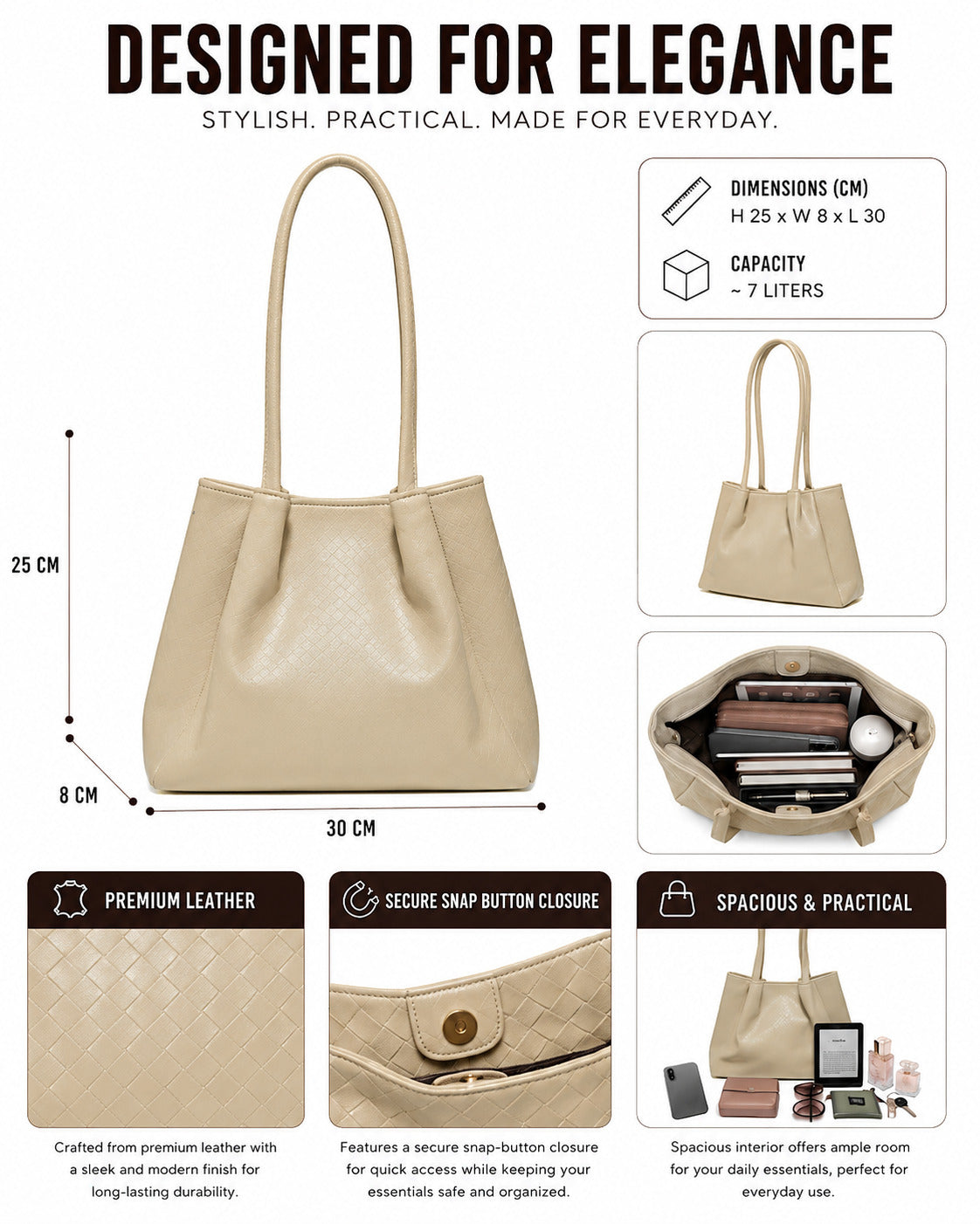 SLD007 - SPACIOUS WOMEN'S LEATHER SHOULDER BAG WITH MAGNETIC CLOSURE