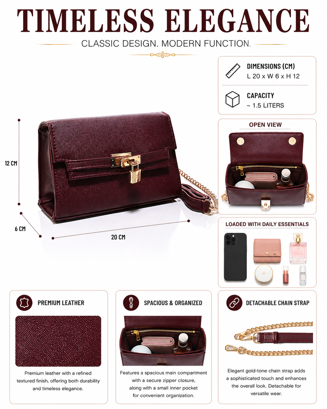 CRS020 - ELEGANT LEATHER CROSSBODY BAG WITH GOLD LOCK
