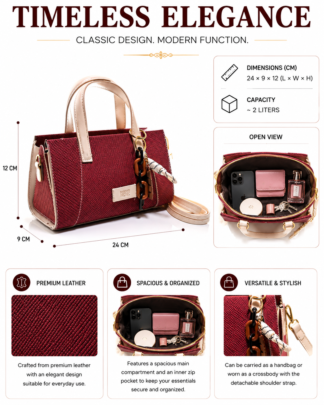 HND005 - ELEGANT WOMEN'S LEATHER HANDBAG & CROSSBODY BAG WITH BOW.