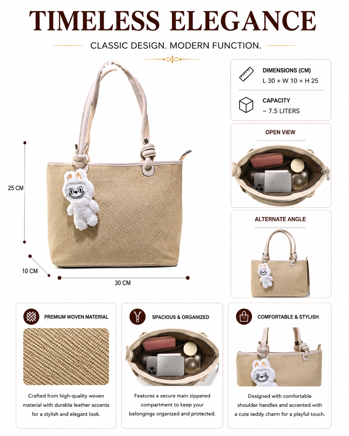 BG-W-TOT001 - STYLISH WOMEN'S SHOULDER TOTE BAG WITH CHARM