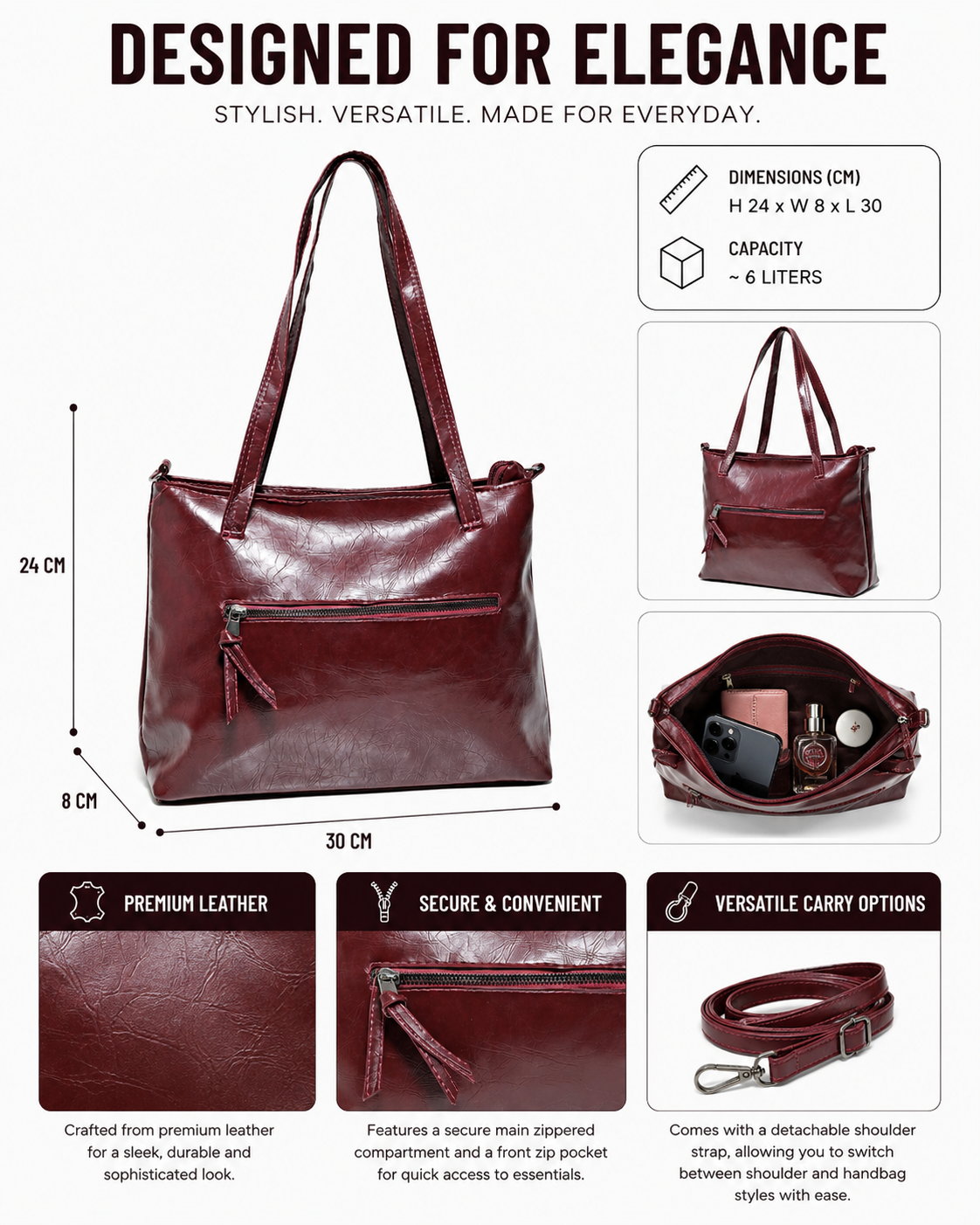 SLD010 - WOMEN'S LEATHER SHOULDER & HANDBAG WITH FRONT ZIP POCKET.