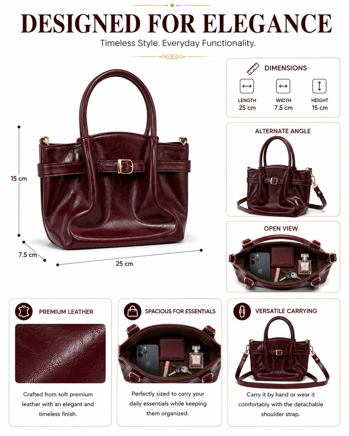 SLD005 - ELEGANT WOMEN'S LEATHER SHOULDER BAG WITH DETACHABLE STRAP.