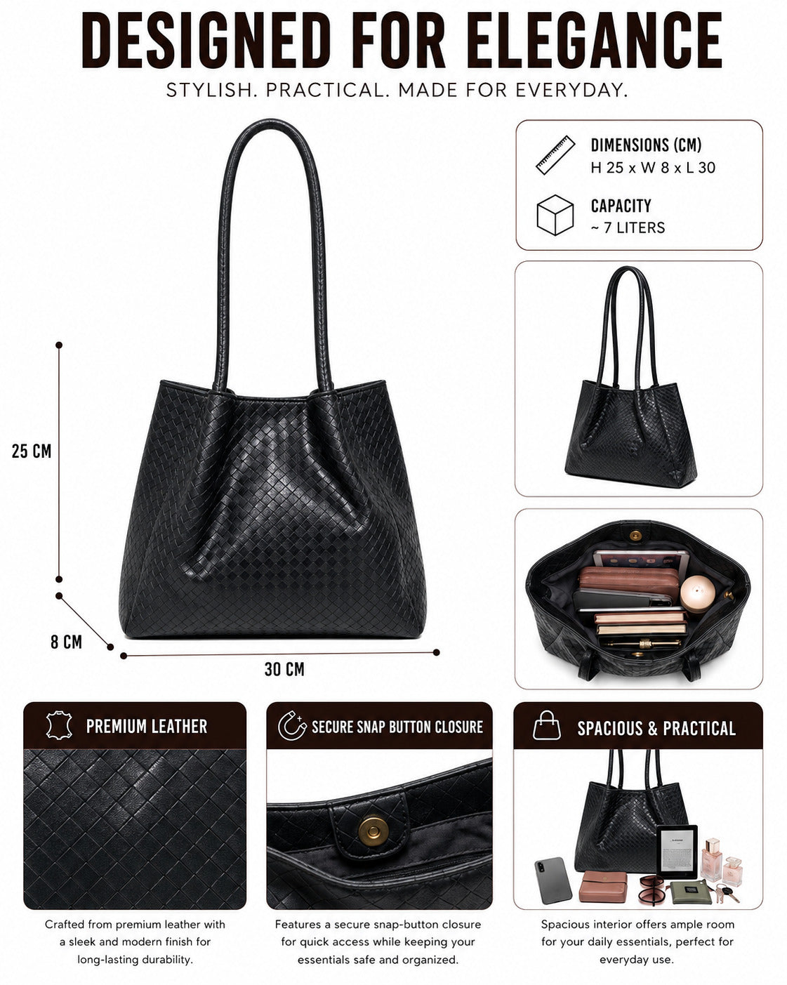 SLD007 - SPACIOUS WOMEN'S LEATHER SHOULDER BAG WITH MAGNETIC CLOSURE