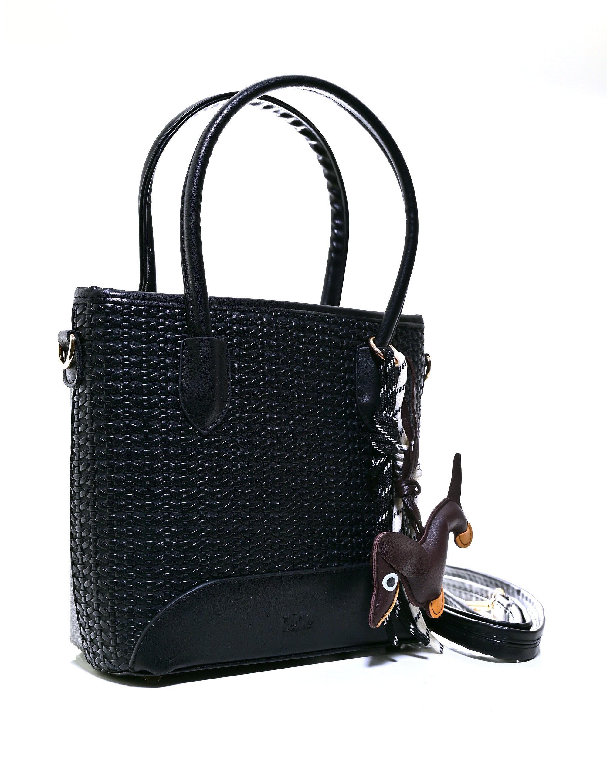 SLD013 - ELEGANT WOMEN'S WOVEN LEATHER BAG WITH PUPPY CHARM