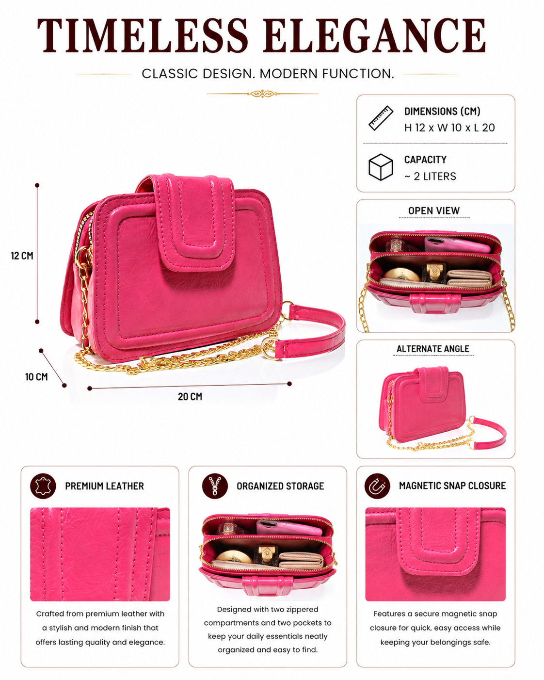 CRS019 - ELEGANT LEATHER HANDBAG & CROSSBODY BAG WITH 2 ZIP POCKETS