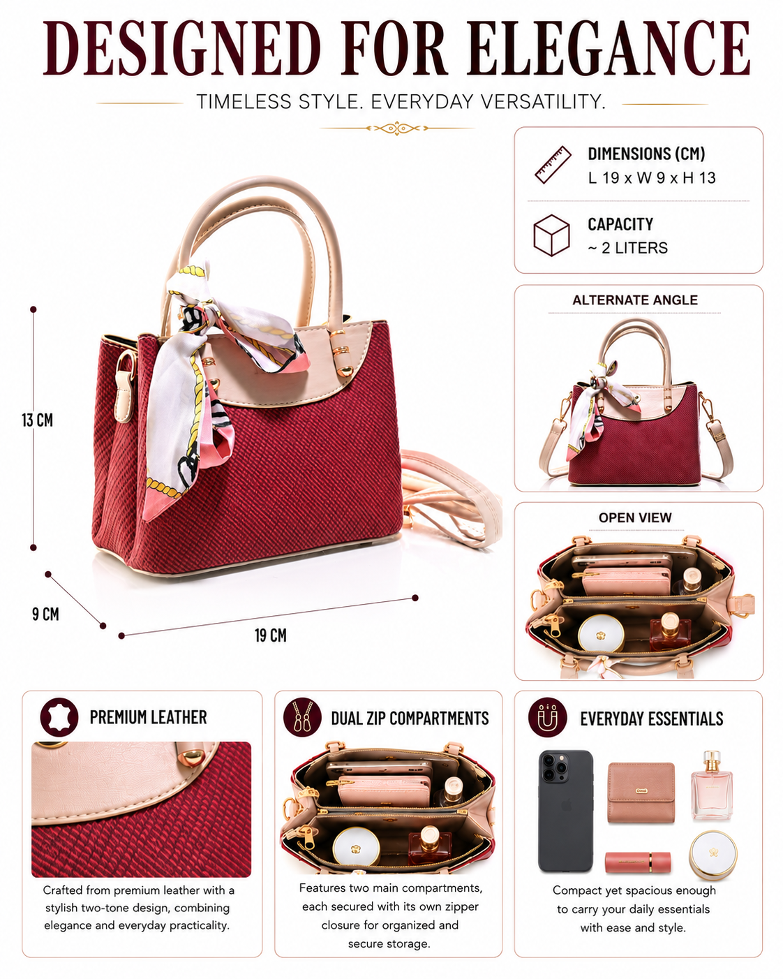 HND001 - TWO-TONE LEATHER HANDBAG & CROSSBODY BAG WITH BOW.