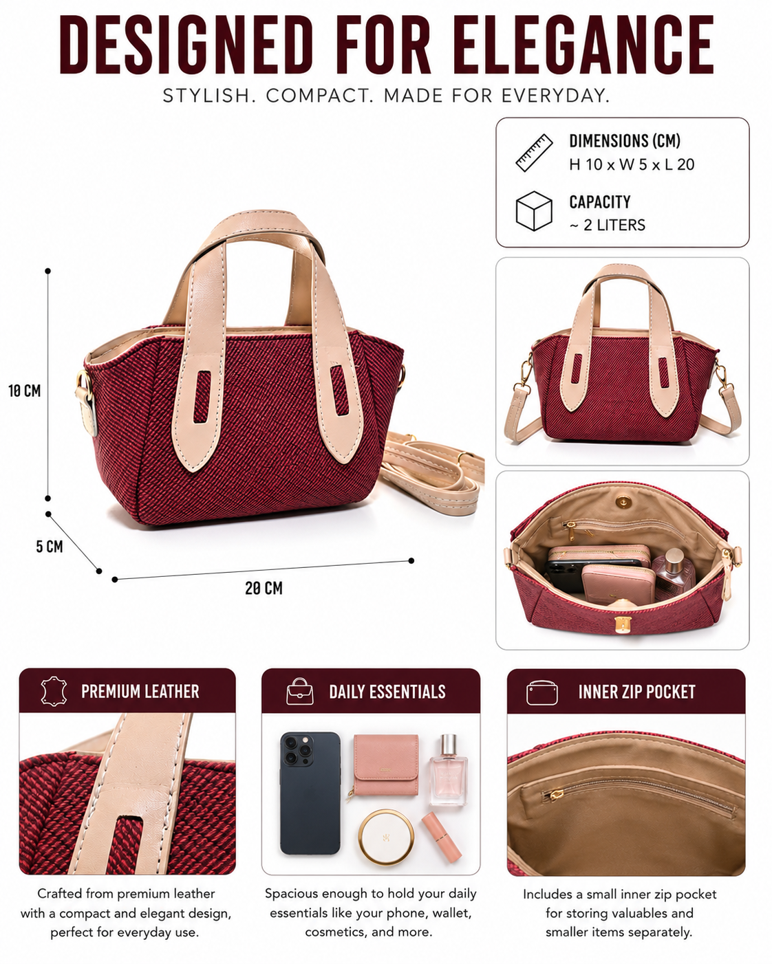 MIN001 - ELEGANT WOMEN'S MINI LEATHER HANDBAG & CROSSBODY BAG.