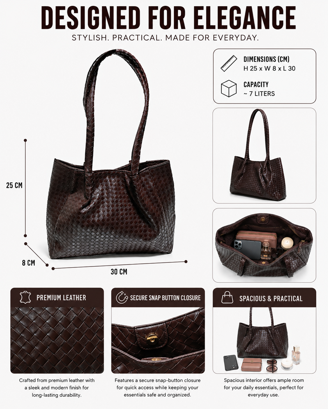 SLD007 - SPACIOUS WOMEN'S LEATHER SHOULDER BAG WITH MAGNETIC CLOSURE