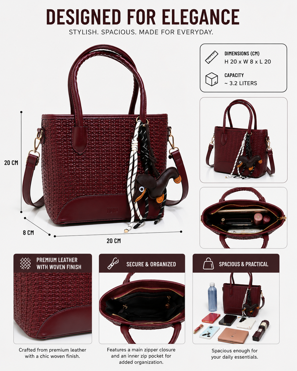 SLD013 - ELEGANT WOMEN'S WOVEN LEATHER BAG WITH PUPPY CHARM
